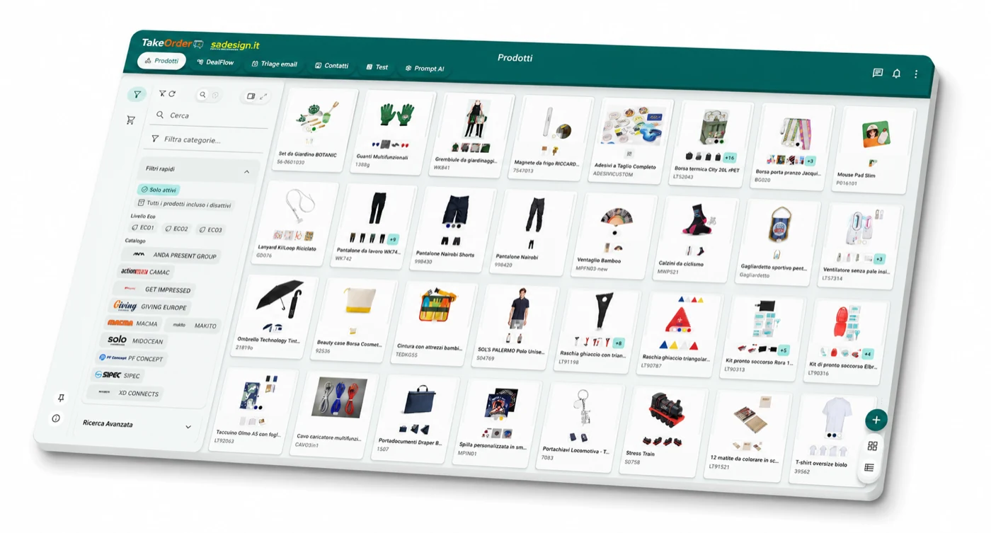 Catalogo prodotti di Take Order: griglia di articoli con immagini, codici e filtri per categoria e fornitore
