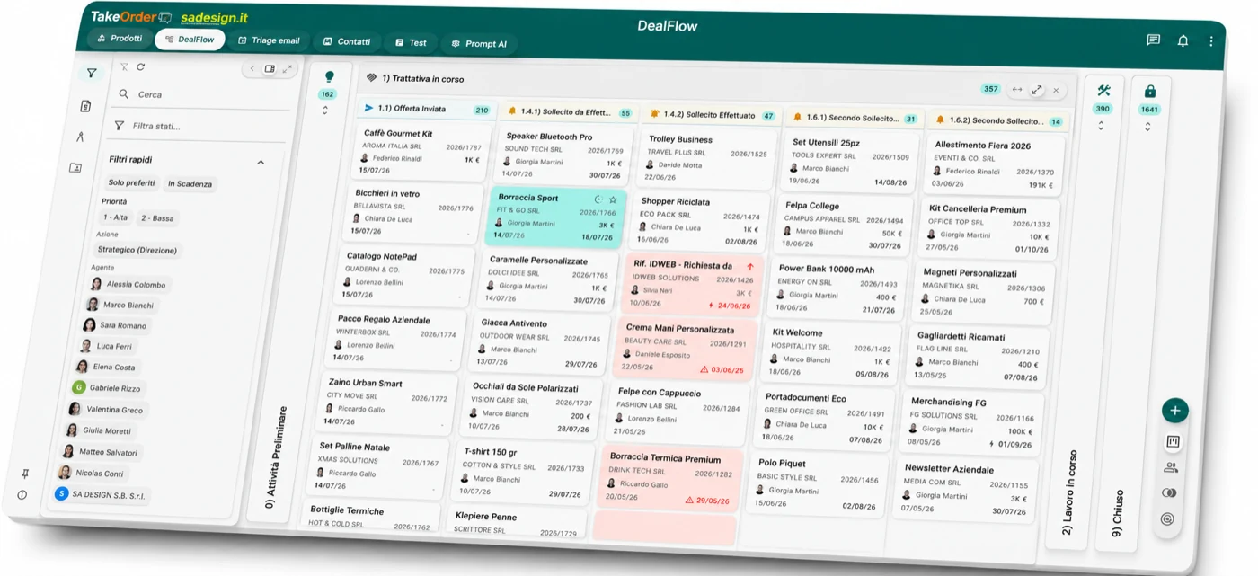 Kanban commerciale di Take Order con le trattative divise per stato, assegnatario, valore e scadenza