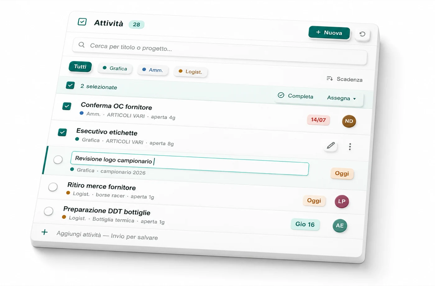 Lista attivit&agrave; di Take Order con filtri per area, scadenze e assegnatari